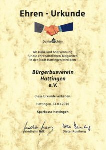 Ehren-Urkunde 2010 Bürgerbusverein Hattingen e.V.